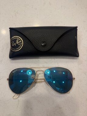 Ray-Ban Polarized Gold Frame Sunglasses with Blue Mirrored Lenses